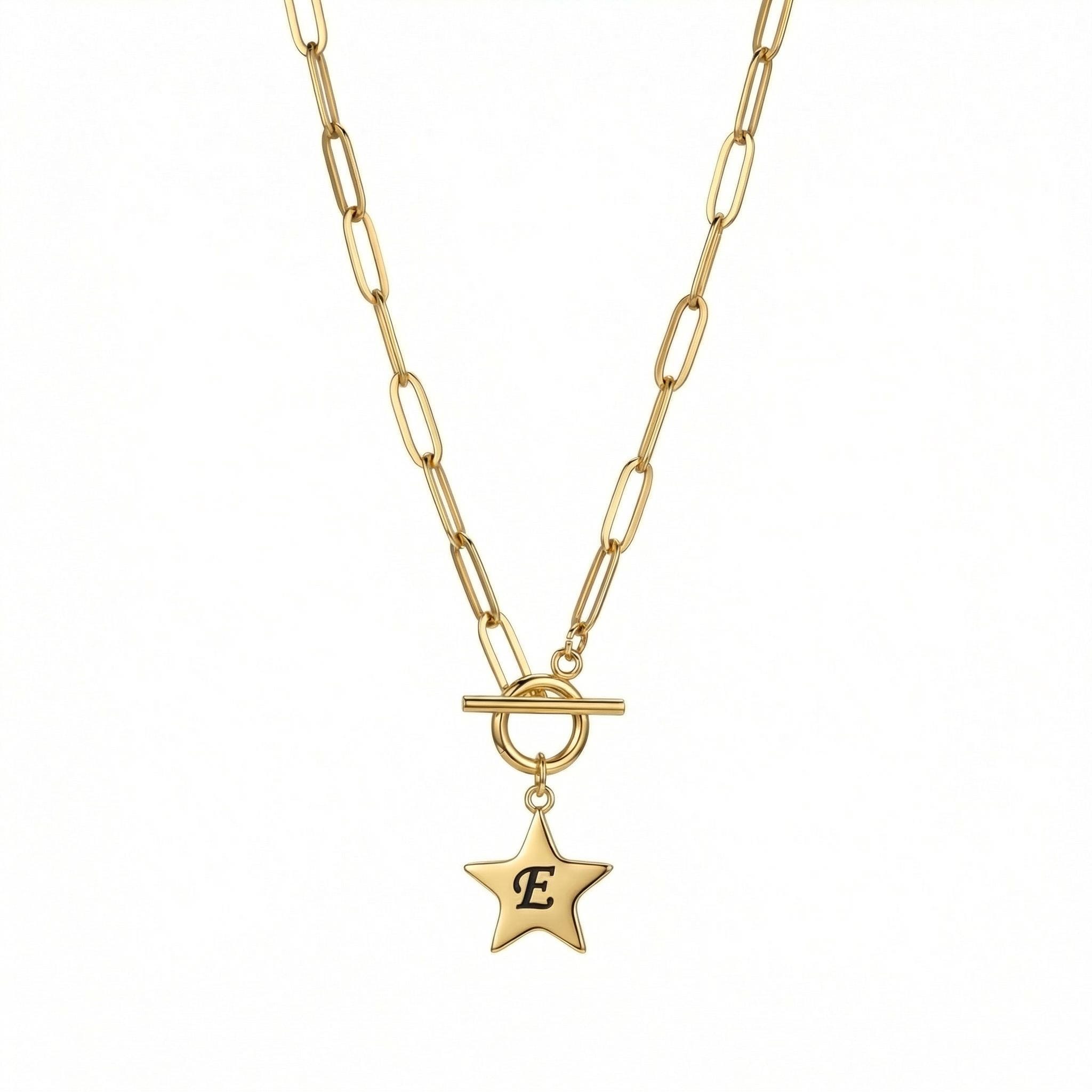Gold Star Necklace - Personalized Initial Pendant on Paperclip Chain with Toggle Clasp
