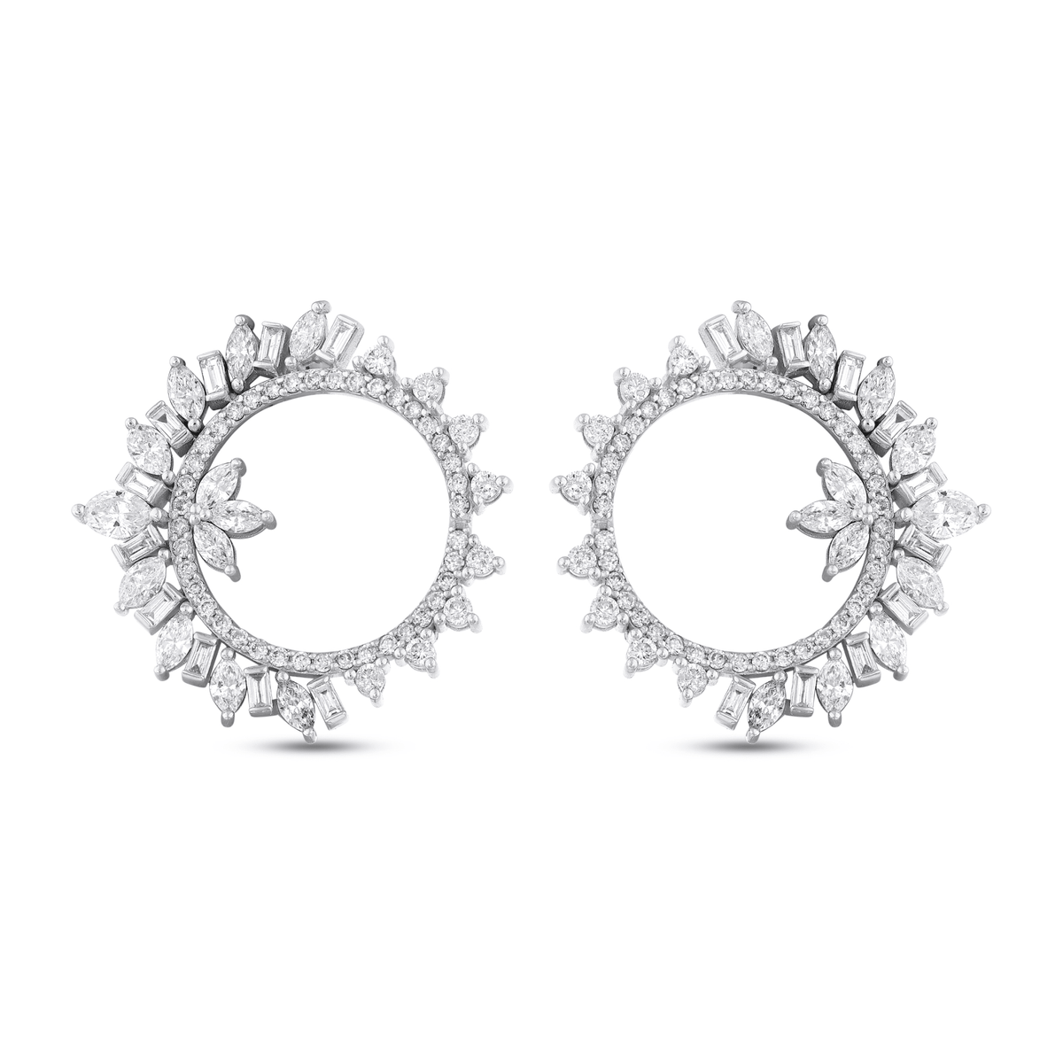 Pair of marquise and baguette natural diamond open circle earrings in 14K solid white gold, front view on white.