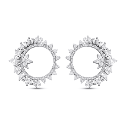 Pair of marquise and baguette natural diamond open circle earrings in 14K solid white gold, front view on white.