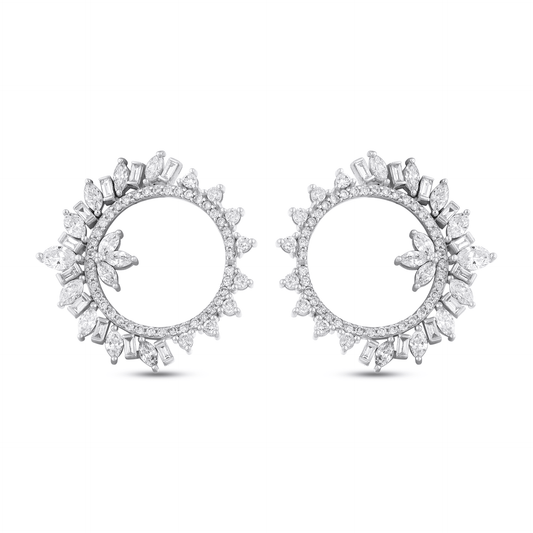 Pair of marquise and baguette natural diamond open circle earrings in 14K solid white gold, front view on white.