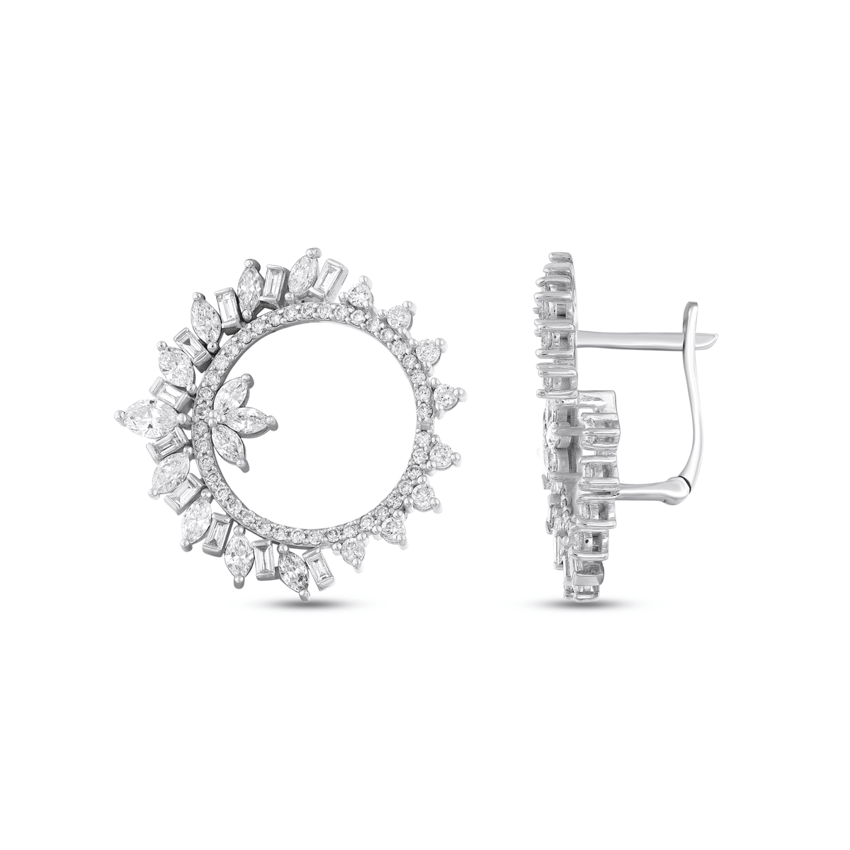 Natural diamond marquise and baguette open circle earring in 14K white gold, front and side view showing the hinged lever back.