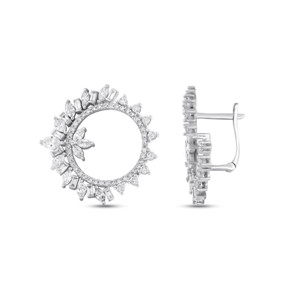 Natural diamond marquise and baguette open circle earring in 14K white gold, front and side view showing the hinged lever back.