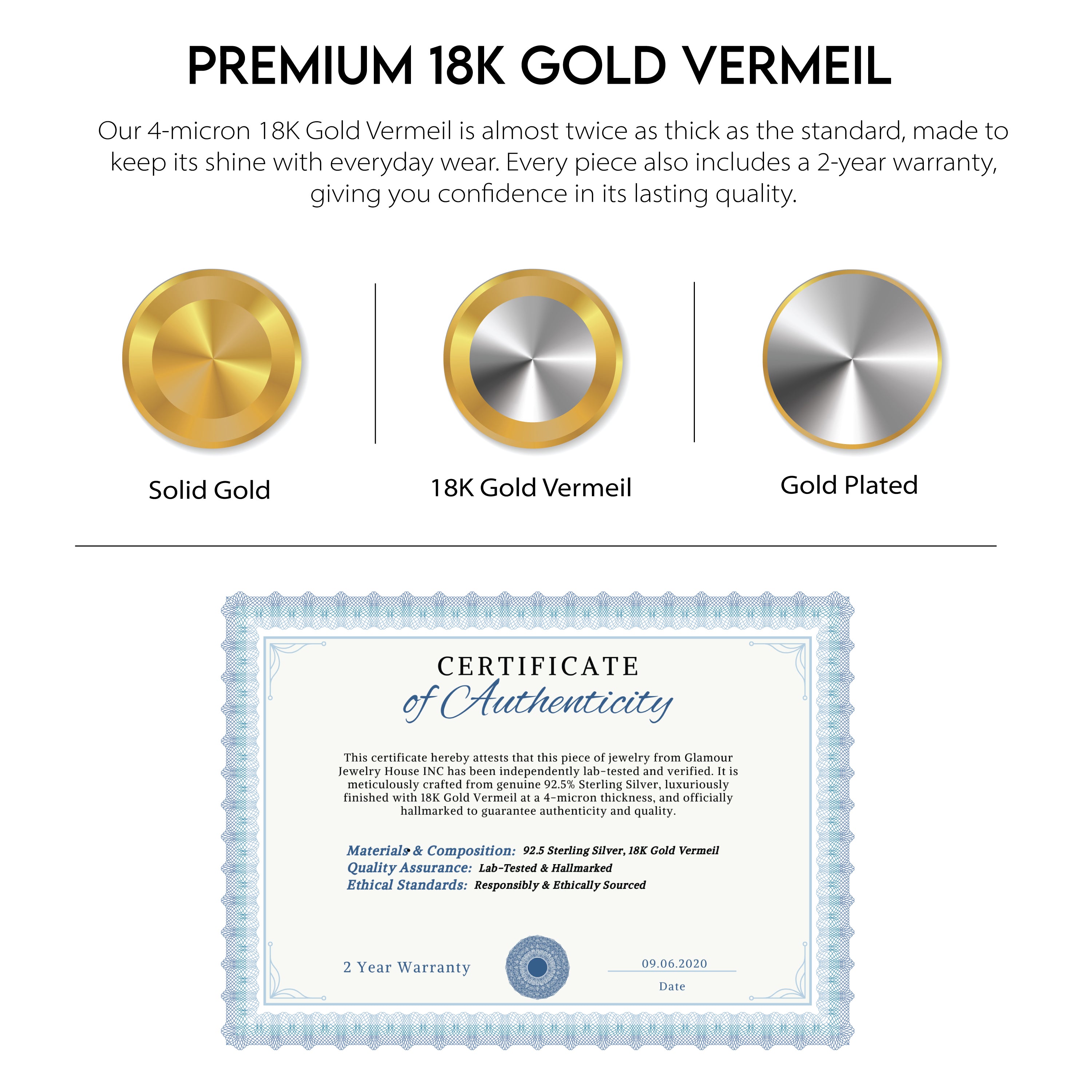 The image is a 3D rendering of a premium 18K gold Vermeil, showcasing its quality and craftsmanship. The image features a solid gold 18K Vermeil, a gold-plated 18K Vermeil, and a gold-plated 18K Vermeil, all of which are made from 18K gold and are 18K gold vermeils. The image also includes a certificate of authenticity, indicating that the piece is authentic and has been certified by the Jewelry House Inc.
