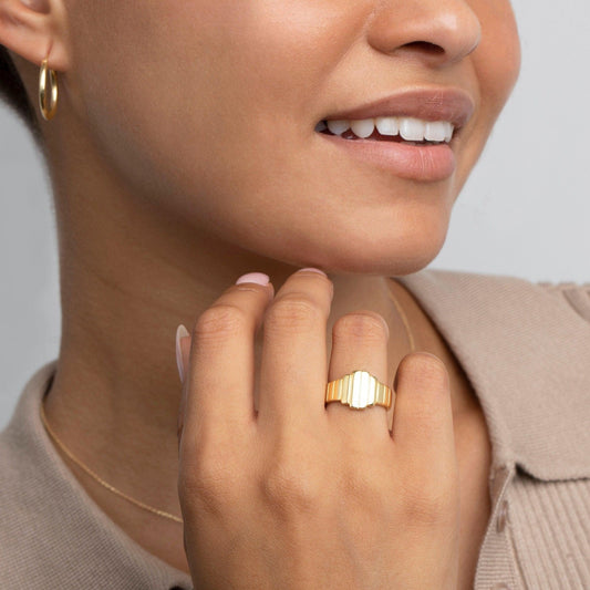 Close detail of the Adjustable Stackable Minimalist Ring in 18K Gold Vermeil. Hypoallergenic, no green marks, premium.