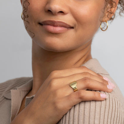 The Adjustable Stackable Minimalist Ring styled in 18K Gold Vermeil — elegant everyday jewelry. Tarnish-resistant.