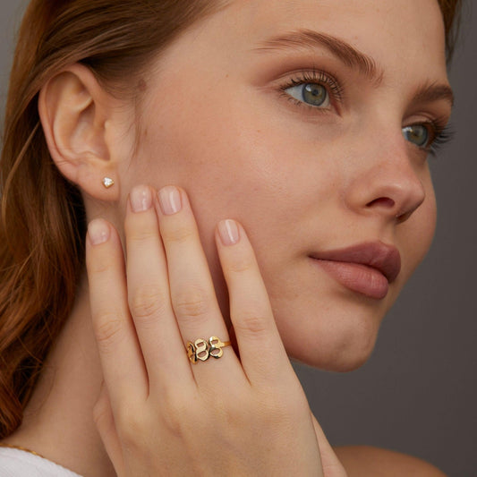 Close detail of the Angel Number Ring in 18K Gold Vermeil. Hypoallergenic, no green marks, premium handmade jewelry.