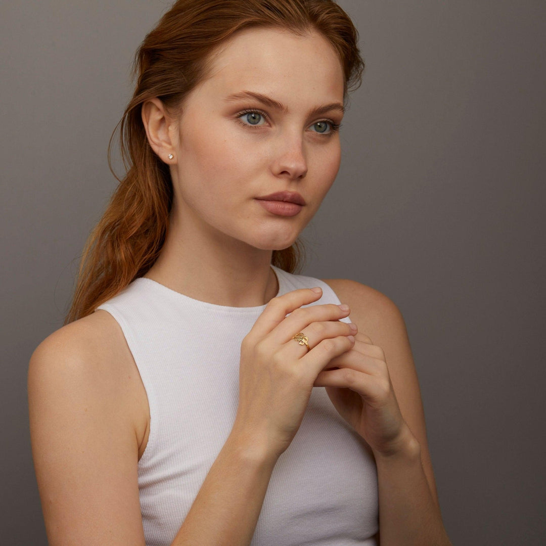 The Angel Number Ring styled in 18K Gold Vermeil — elegant everyday jewelry. Tarnish-resistant.