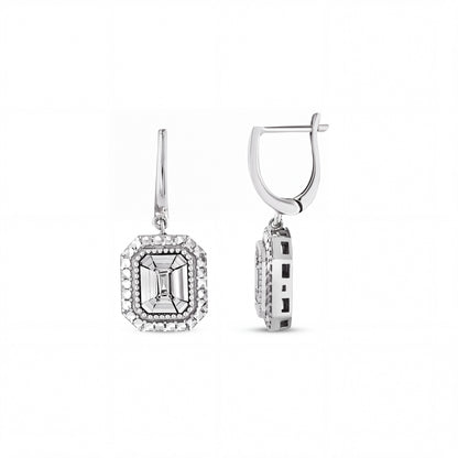 Art Deco baguette diamond drop earrings in 14K solid white gold, front and side view