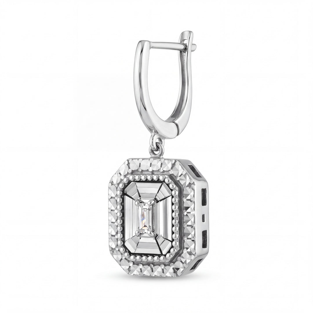 Three-quarter view of the 14K white gold diamond drop earring showing the hinged lever-back and open side gallery