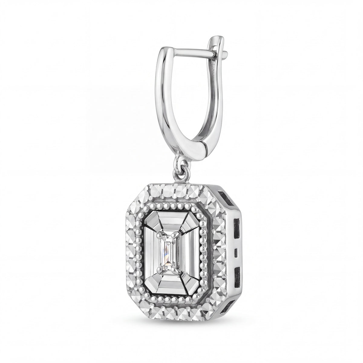 Three-quarter view of the 14K white gold diamond drop earring showing the hinged lever-back and open side gallery