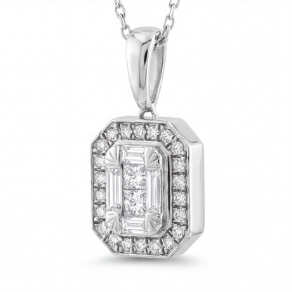Close-up of the diamond halo, baguette illusion cluster and tapered bail in 14K white gold