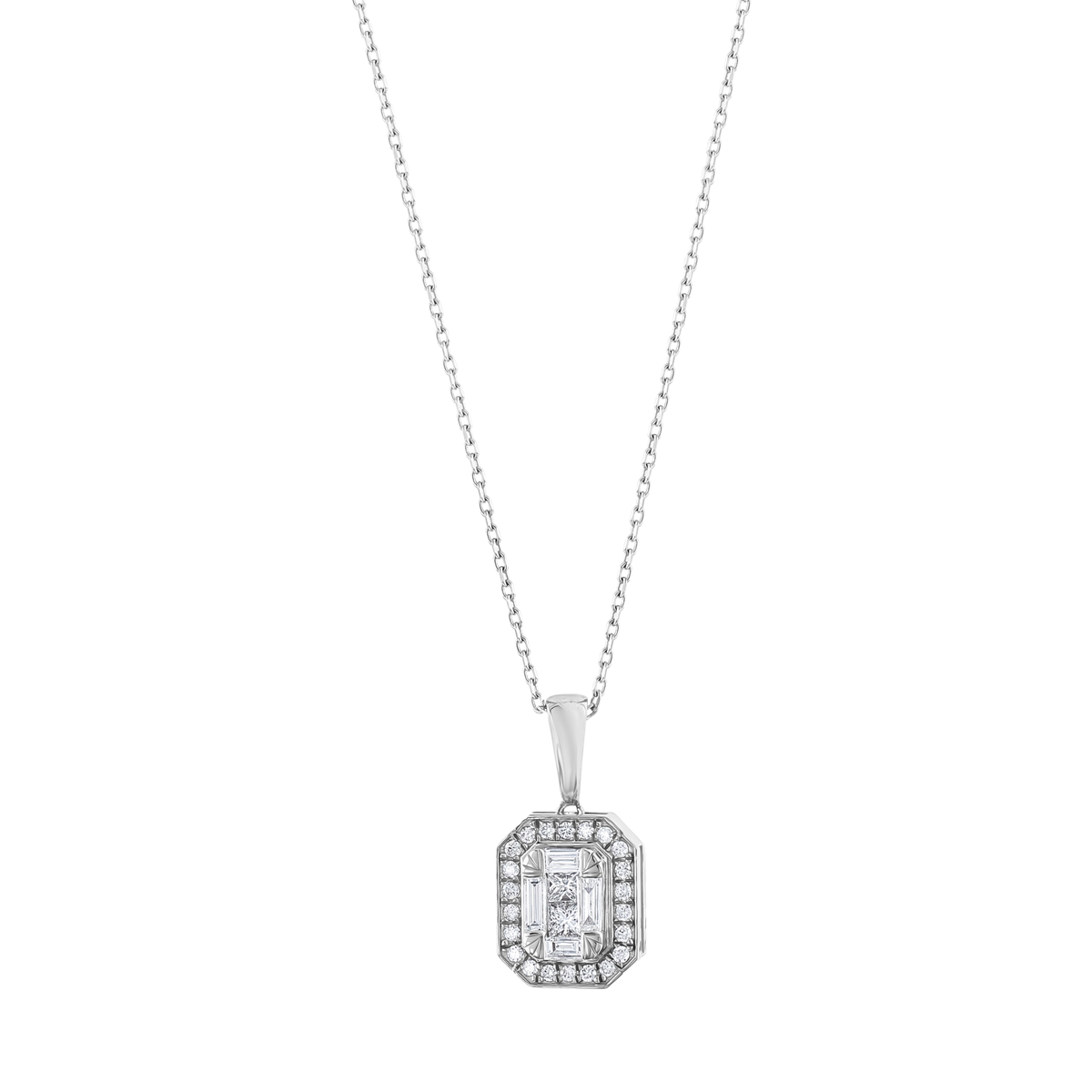 Art Deco baguette natural diamond halo necklace in 14K solid white gold, front view on a white background