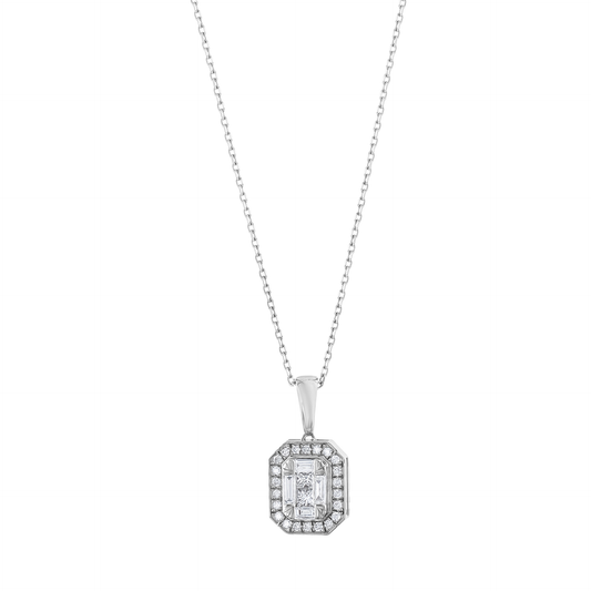Art Deco baguette natural diamond halo necklace in 14K solid white gold, front view on a white background