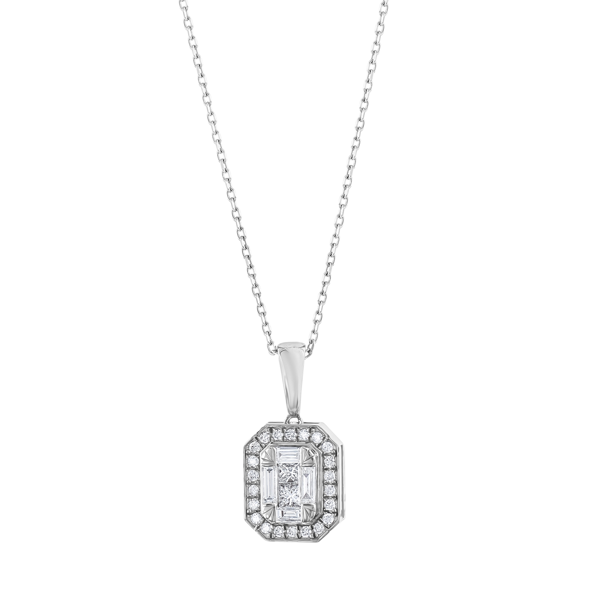 Art Deco baguette natural diamond halo pendant shown closer, white gold octagonal halo and baguette centre cluster