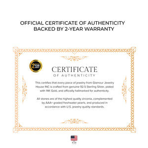 a certificate of authenticity backed by a 2-year warranty, which verifies that every piece of jewelry from Glamour Jewelry House Inc. is crafted from genuine 92.5 Sterling Silver, plated with 14K Gold, and officially hallmarked for authenticity. All stones are of the highest quality, complemented by AAA*-graded freshwater pearls, and produced in accordance with U.S. jewelry quality standards.