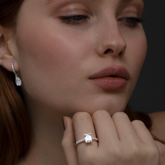 Close detail of the Baguette CZ Diamond Promise Ring in 18K Gold Vermeil with CZ Diamond. Hypoallergenic, no green marks.
