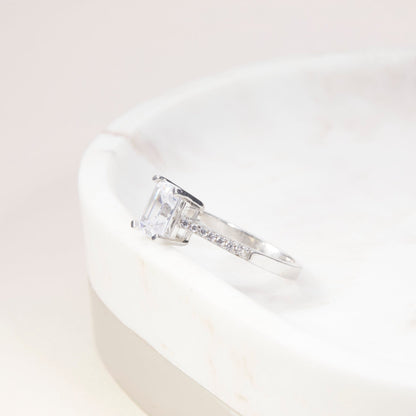Macro detail of the Baguette CZ Diamond Promise Ring: CZ Diamond set in 18K Gold Vermeil. Tarnish-resistant, handmade.