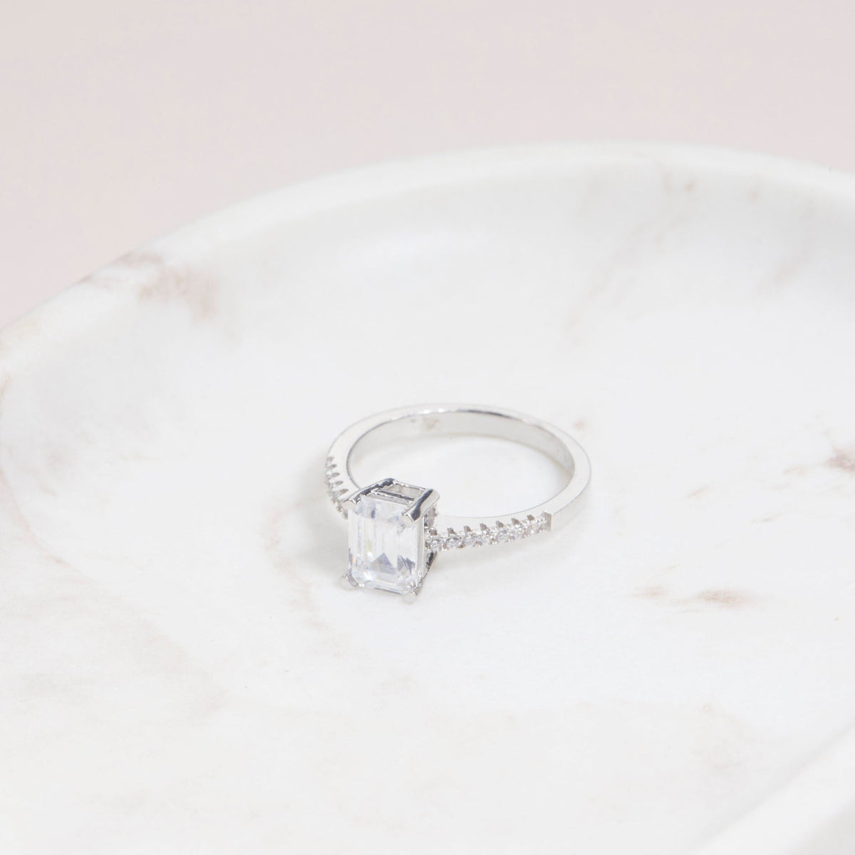Baguette CZ Diamond Promise Ring in Glamour Jewelry House gift box — 18K Gold Vermeil anniversary gift. Hypoallergenic, no.