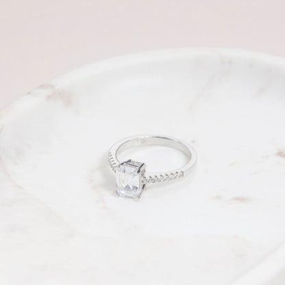 Baguette CZ Diamond Promise Ring in Glamour Jewelry House gift box — 18K Gold Vermeil anniversary gift. Hypoallergenic, no.