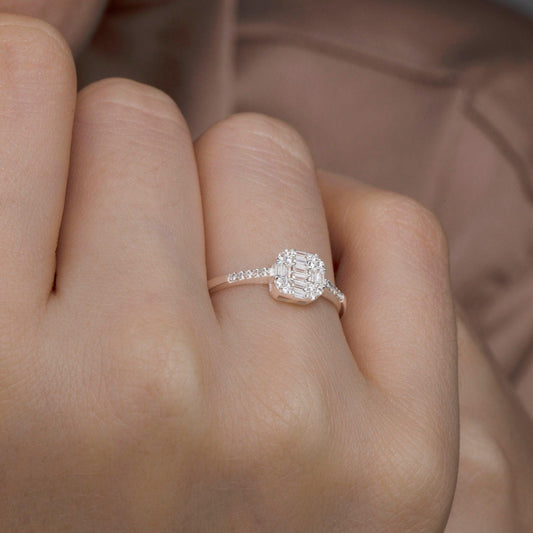 Close detail of the Baguette Cut Diamond Ring in 18K Gold Vermeil with CZ Diamond. Hypoallergenic, no green marks, premium.