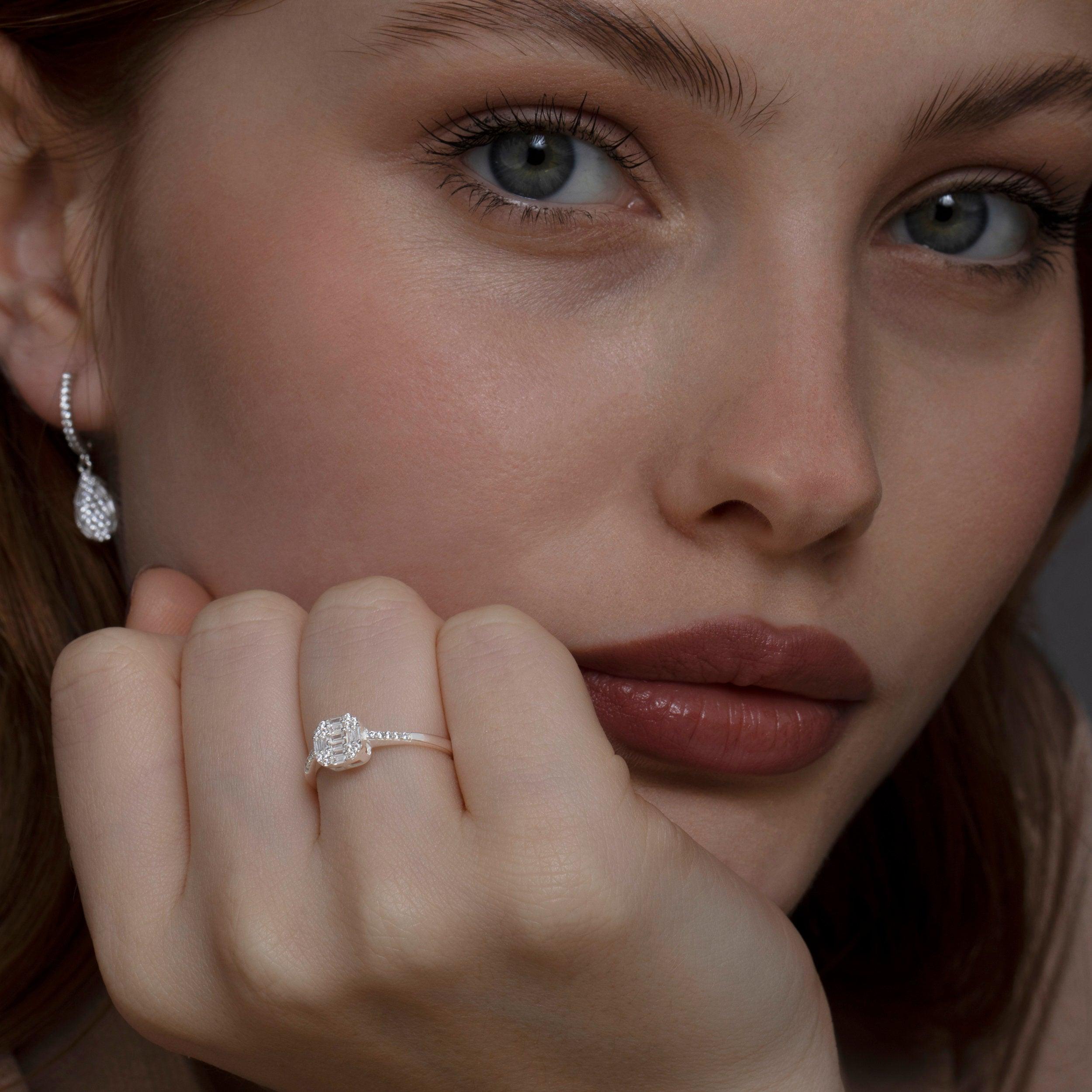 Baguette Cut Diamond Ring in Glamour Jewelry House gift box — 18K Gold Vermeil anniversary gift. Hypoallergenic, no green.