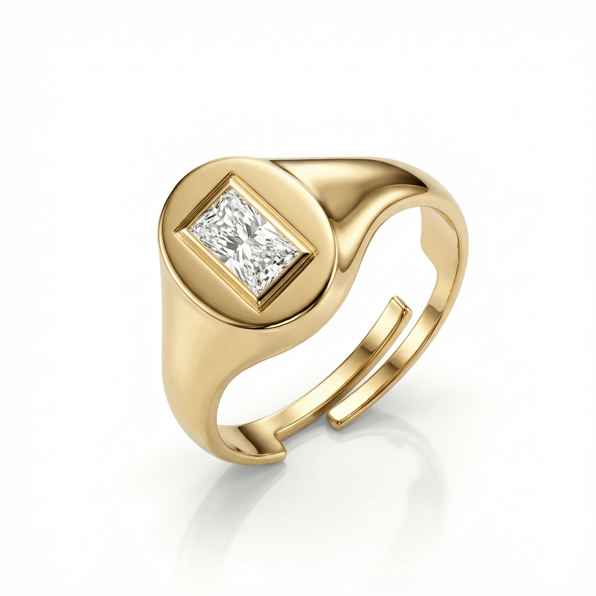 Baguette Diamond Signet Ring in 18K Gold Vermeil with CZ Diamond. Tarnish-resistant, perfect for daily wear.