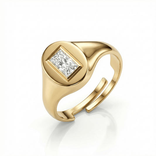 Baguette Diamond Signet Ring in 18K Gold Vermeil with CZ Diamond. Tarnish-resistant, perfect for daily wear.