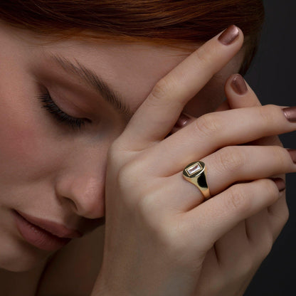 Baguette Diamond Signet Ring in Glamour Jewelry House gift box — 18K Gold Vermeil anniversary gift. Hypoallergenic, no.