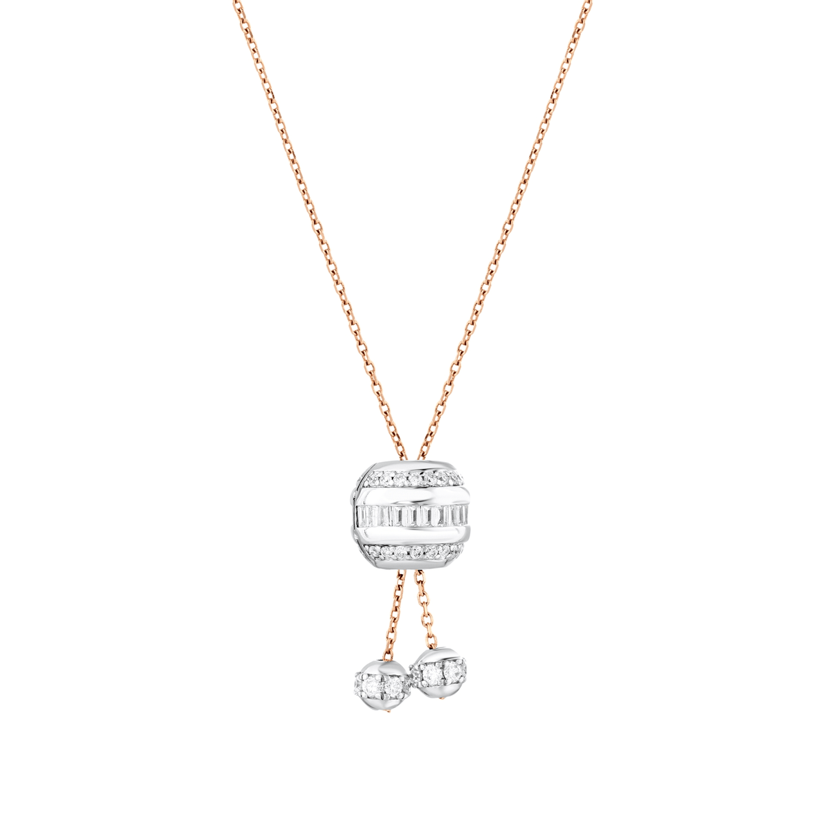 Baguette natural diamond barrel lariat necklace in 14K rose and white gold, front view on white