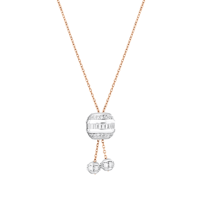Baguette natural diamond barrel lariat necklace in 14K rose and white gold, front view on white
