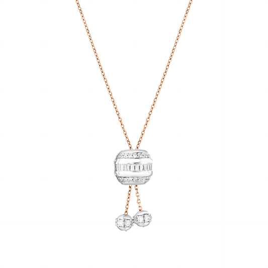 Baguette natural diamond barrel lariat necklace in 14K rose and white gold, front view on white
