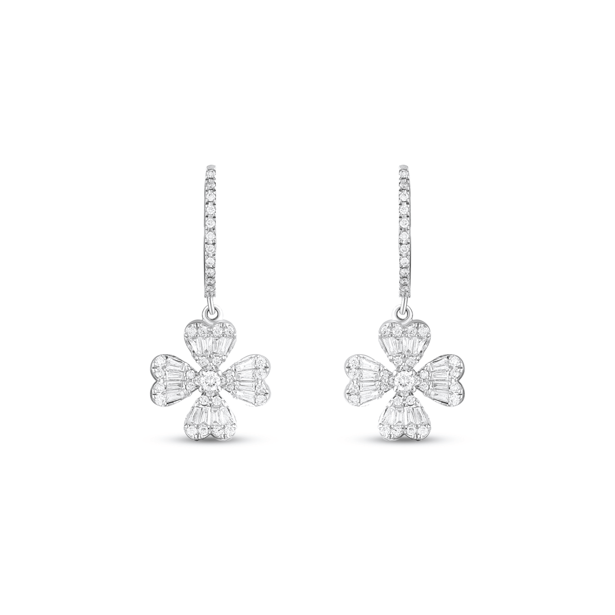 Pair of baguette and round natural diamond clover drop huggie earrings in 18K solid white gold, front view on white