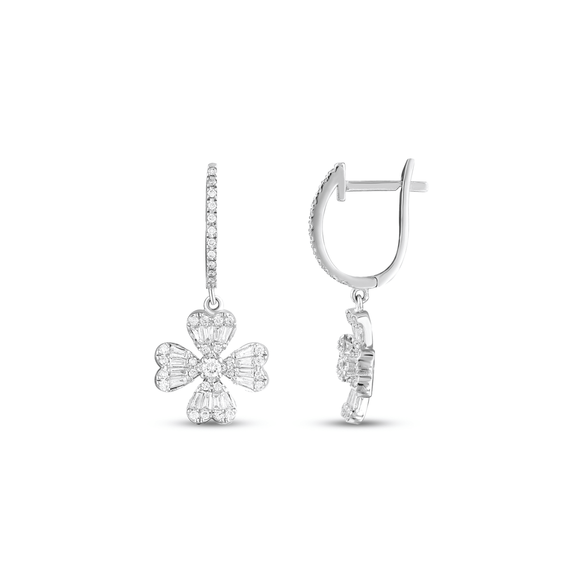 Natural diamond clover drop huggie earring in 18K white gold, front and side view showing the hinged huggie closure
