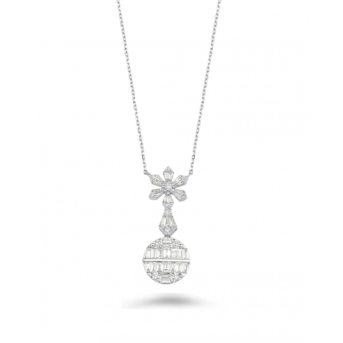 Baguette natural diamond flower drop pendant necklace in 14K white gold on a fine chain, front view