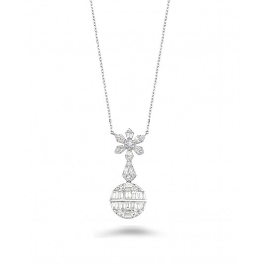 Baguette natural diamond flower drop pendant necklace in 14K white gold on a fine chain, front view