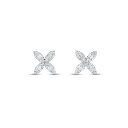 Pair of baguette natural diamond flower stud earrings in 14K white gold, four petals set as an X, front view