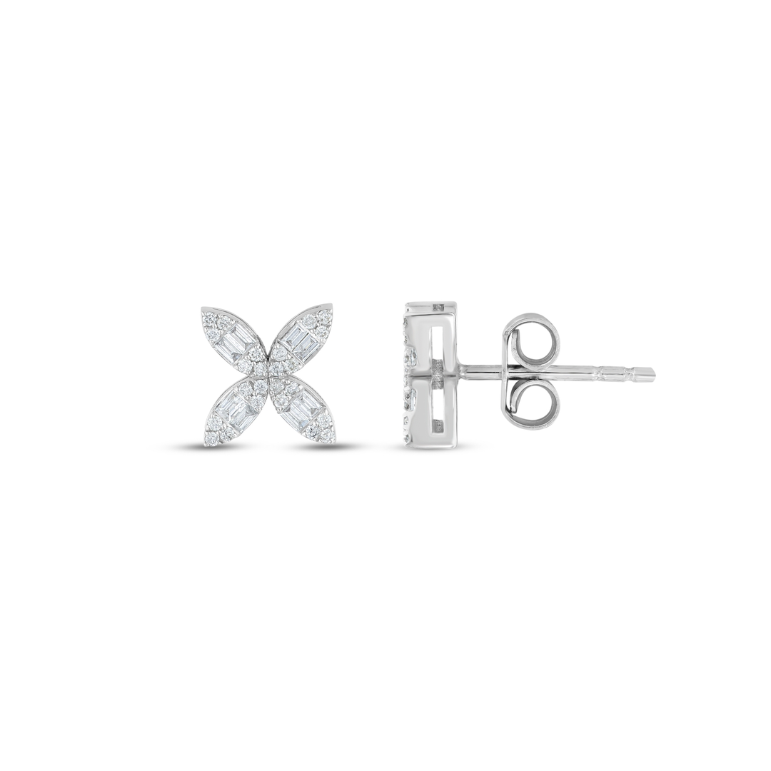 Baguette natural diamond flower stud earring in 14K white gold, front and side view showing the post and butterfly back