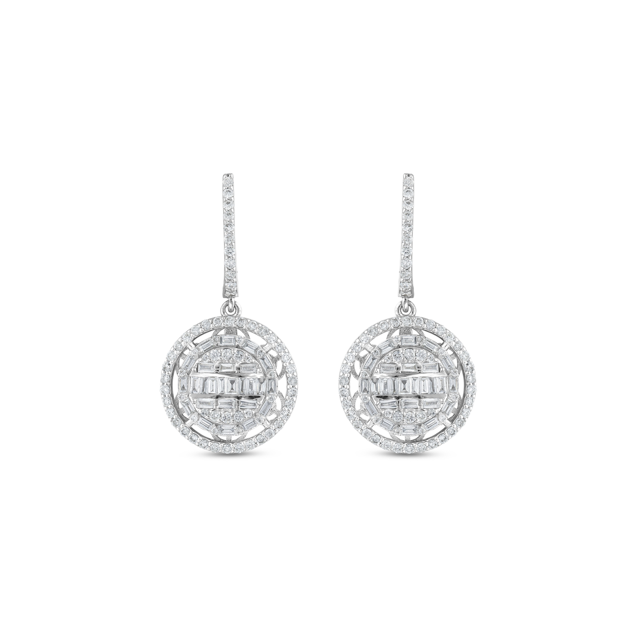 Pair of baguette and round natural diamond halo disc drop huggie earrings in 14K solid white gold, front view on white.