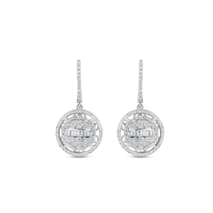 Pair of baguette and round natural diamond halo disc drop huggie earrings in 14K solid white gold, front view on white.