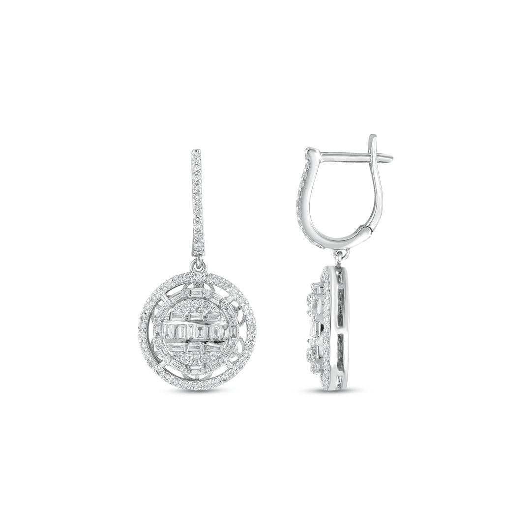Natural diamond baguette halo disc drop huggie earring in 14K white gold, front and side view showing the hinged huggie.
