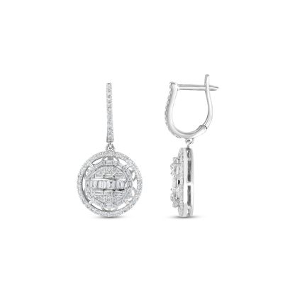 Natural diamond baguette halo disc drop huggie earring in 14K white gold, front and side view showing the hinged huggie.