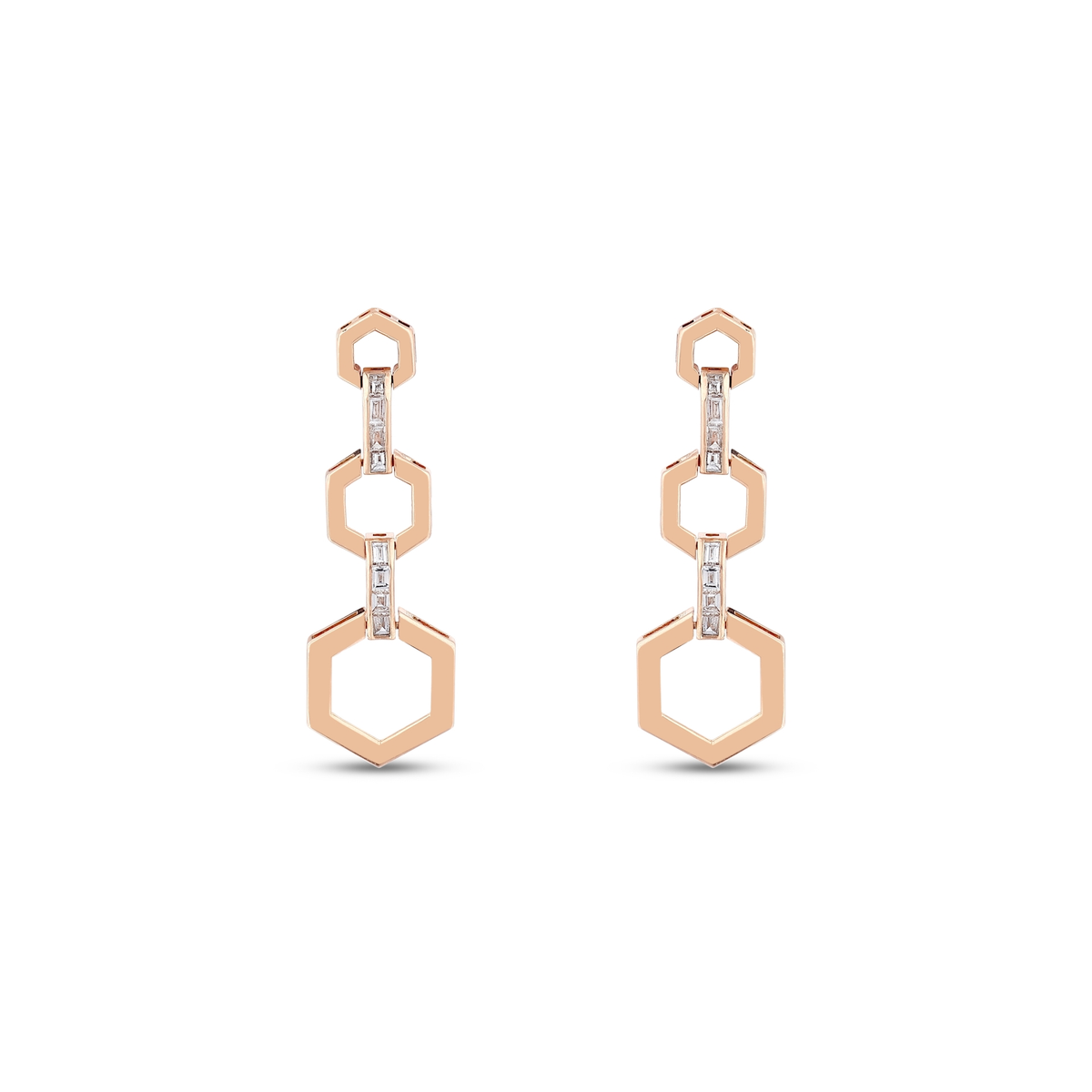 Pair of baguette natural diamond hexagon link drop earrings in 14K rose gold seen from the front