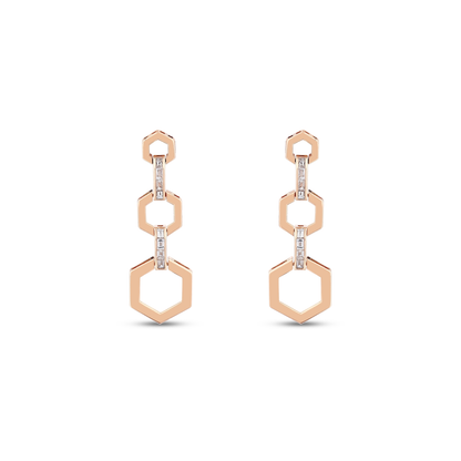 Pair of baguette natural diamond hexagon link drop earrings in 14K rose gold seen from the front
