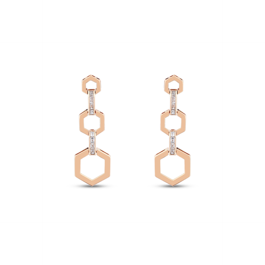 Pair of baguette natural diamond hexagon link drop earrings in 14K rose gold seen from the front