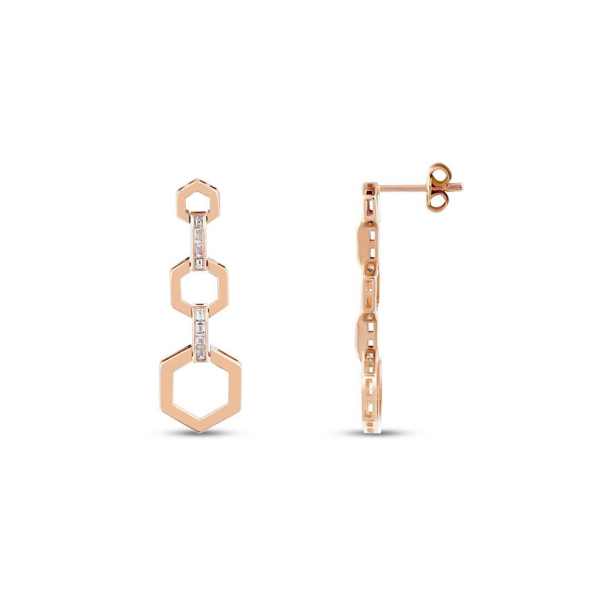 Baguette natural diamond hexagon drop earring in 14K rose gold from the front and the side, showing the post and butterfly back