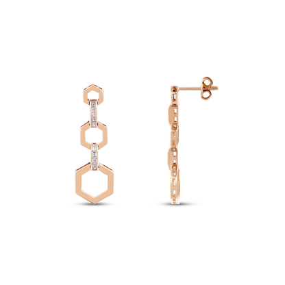 Baguette natural diamond hexagon drop earring in 14K rose gold from the front and the side, showing the post and butterfly back