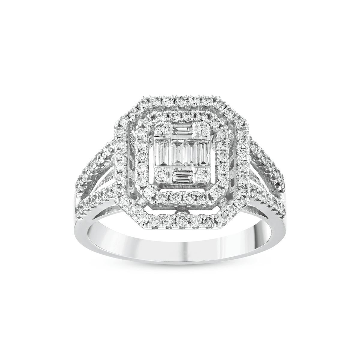 Baguette natural diamond octagon double halo ring in 14K white gold, front view of the baguette illusion centre, two halos and split pavé shank