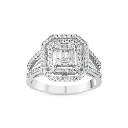 Baguette natural diamond octagon double halo ring in 14K white gold, front view of the baguette illusion centre, two halos and split pavé shank