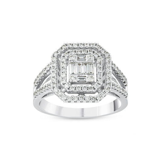 Baguette natural diamond octagon double halo ring in 14K white gold, front view of the baguette illusion centre, two halos and split pavé shank