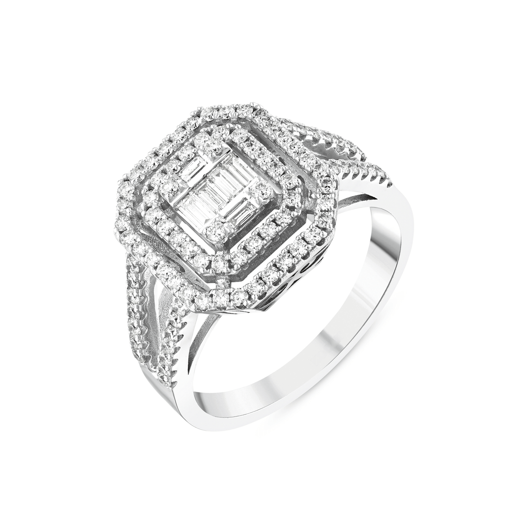 Baguette natural diamond double halo ring in 14K white gold, three-quarter view of the octagonal head and split shank